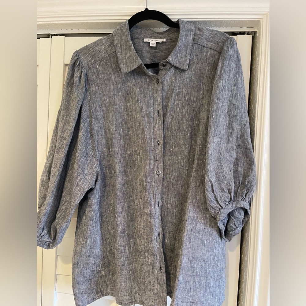 Chico's Navy washed Button-Down Linen Blouse with Blouson sleeves size 3.5